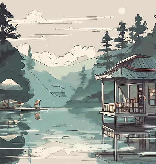 Graphic house on water
