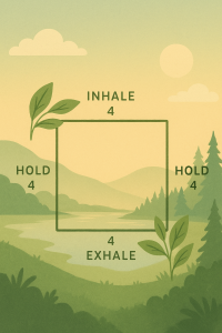 “Illustration of box breathing technique: inhale slowly for 4 seconds, hold the breath for 4 seconds, exhale slowly for 4 seconds, and pause for 4 seconds before repeating, forming a calming rhythm like the four sides of a square.”